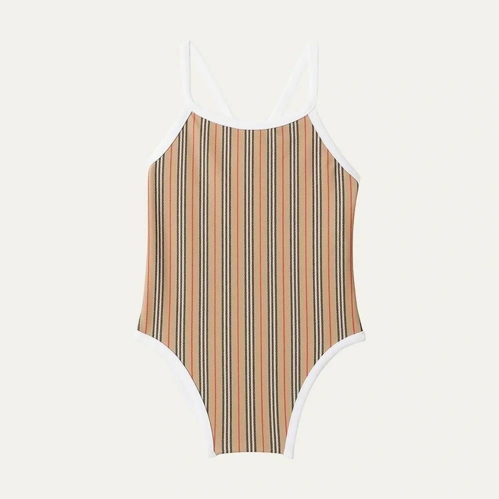 Authentic Burberry Girls Sadie Icon Stripe One Piece Swimsuit Plaid Beige 14Y 14